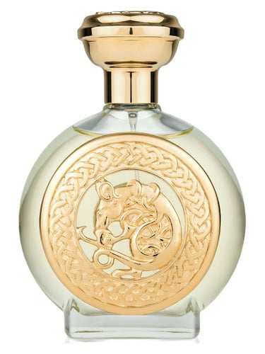Gold-detailed bottle of Boadicea the Victorious Aurica Extrait 100ml with engraved Celtic emblem and luxury design