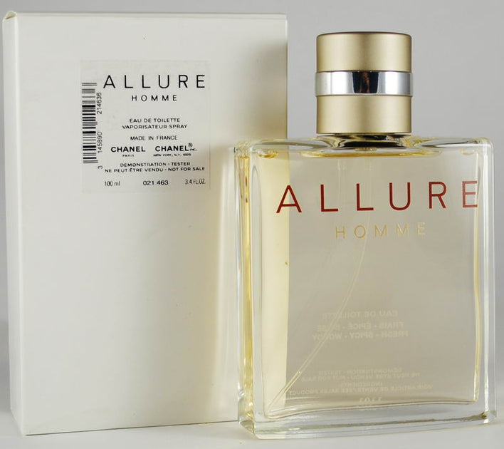 Front-facing tester bottle of Chanel Allure Pour Homme placed beside label-marked white box