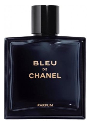Bleu de Chanel Men bottle displayed next to tester box, cap attached, sharp black lettering