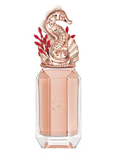 Elegant bottle of Christian Louboutin Loubimar 90ml with rose-gold seahorse cap and soft pink fragrance