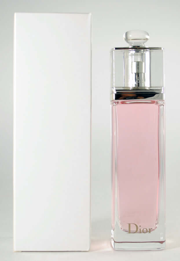 Tester version of Dior Addict Eau Fraiche photographed against white packaging in vertical layout
