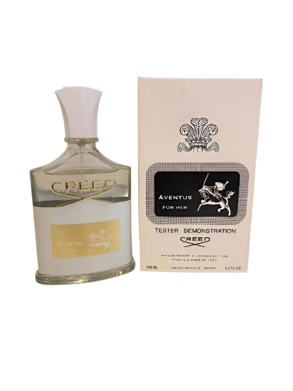 Creed Aventus for Her tester bottle with white cap next to branded white box, elegant minimal setup for product preview