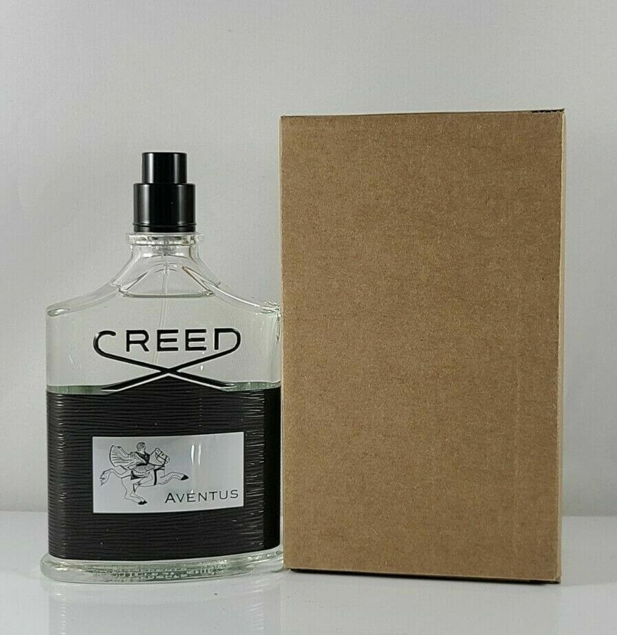 Creed Aventus tester bottle without cap, placed beside plain brown box on white background