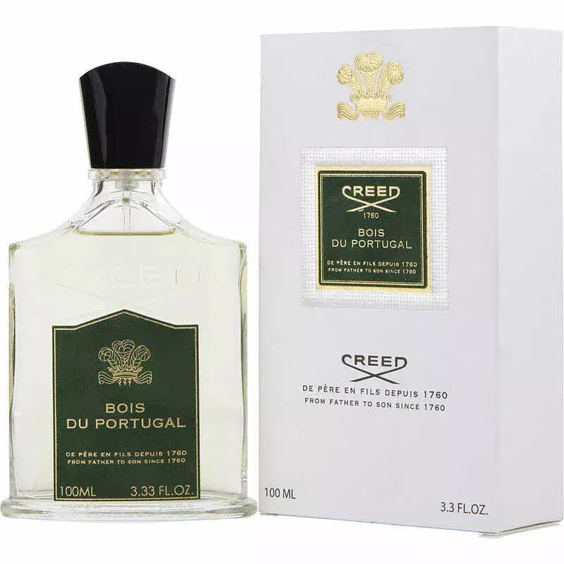 Creed Bois du Portugal tester version with black cap standing next to original branded white packaging