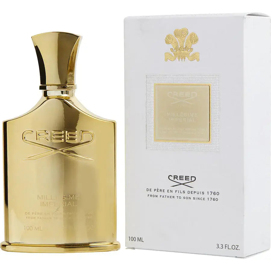 Creed Millesime Imperial with white tester box, gold bottle shown with matching cap