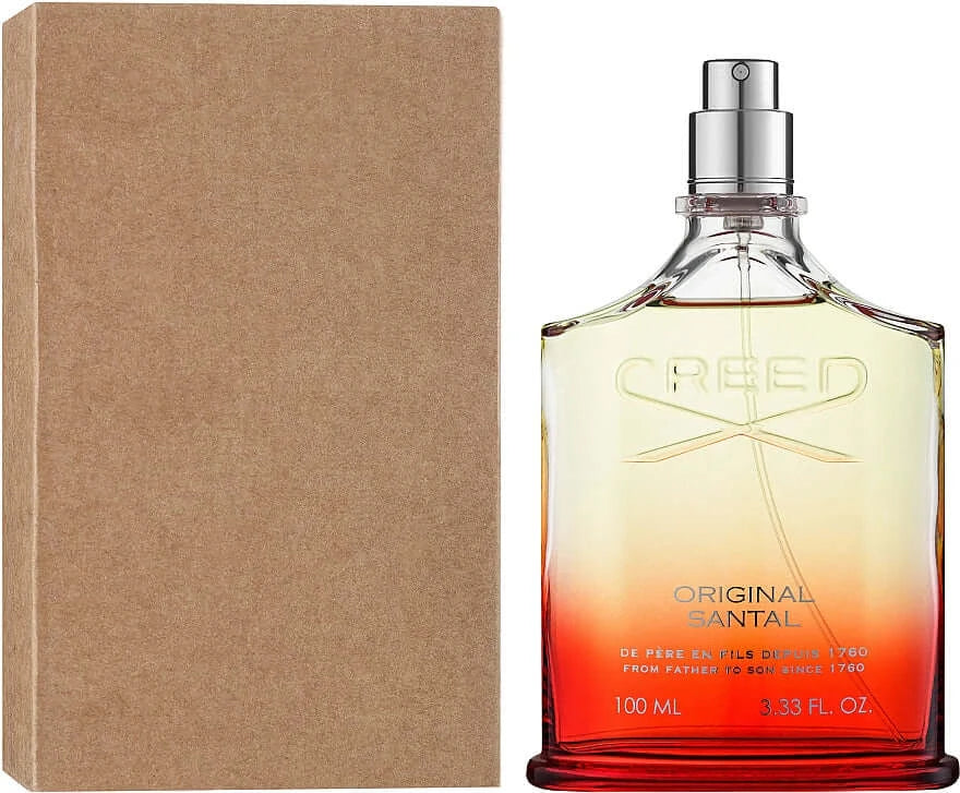 Creed Original Santal bottle without cap standing next to plain brown tester box