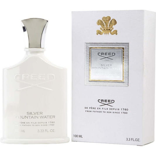 Creed Silver Mountain Water tester box and bottle with white finish and metallic cap