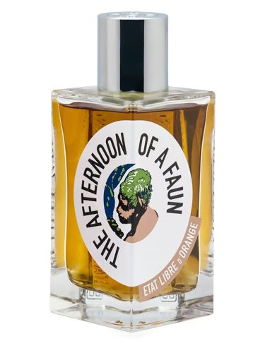 État Libre d’Orange The Afternoon of a Faun — niche unisex EDP with amber-hued juice, silver cap and artistic centaur design on the bottle front