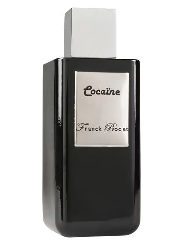 Sleek black bottle of Franck Boclet Cocaïne EDP 100ml with silver label and metallic cap, showcasing its bold and provocative design