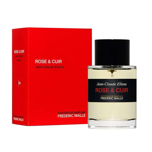 Rose & Cuir fragrance by Frédéric Malle displayed with vibrant red retail box and tester bottle
