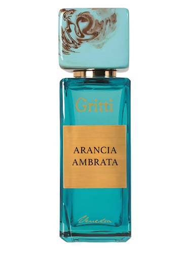 Showcasing Gritti Arancia Ambrata EDP 100ml with signature turquoise bottle and marble-effect cap – Mediterranean citrus fragrance in luxury design