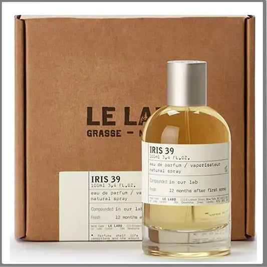 Iris 39 by Le Labo positioned beside brown signature box, showcasing full tester presentation