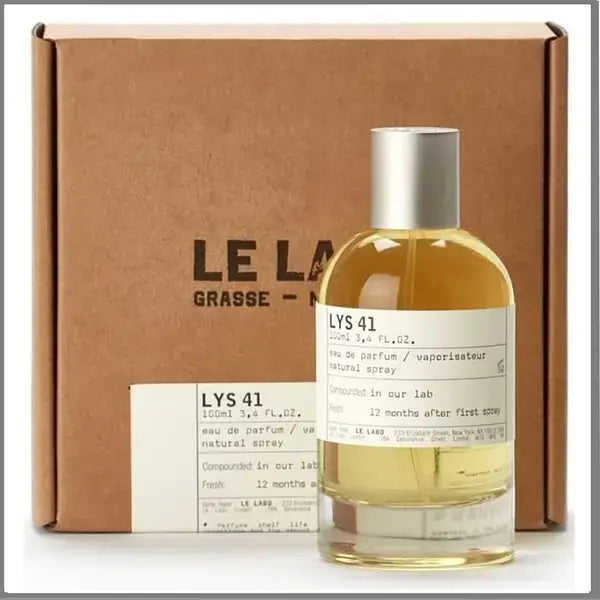 Le Labo Lys 41 tester bottle with silver cap and light yellow fragrance, white background