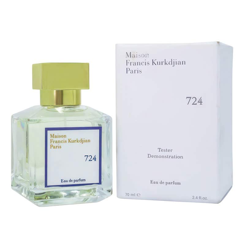 Tester version of 724 fragrance by Maison Francis Kurkdjian shown next to branded white box, upright layout