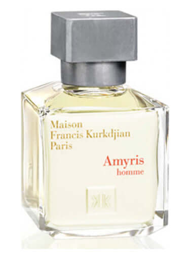 Amyris Homme by MFK shown in rectangular flacon with metallic grey top, placed on white background