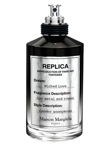 Maison Margiela Replica Wicked Love EDP 100ml bottle with label showing “Gun metal and roses” scent and “Gender anonymous” style