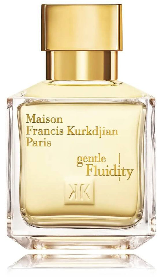 Gentle Fluidity Gold by MFK captured in close-up, label embossed in soft golden hue