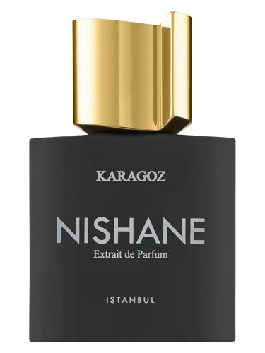 Nishane Karagoz Extrait de Parfum 100ml bottle with black base and gold cap, luxury Turkish fragrance.