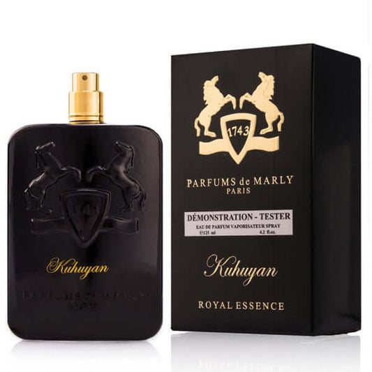 Kuhuyan by Parfums de Marly shown without cap, exposing golden atomizer next to black branded box