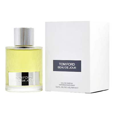 Beau de Jour by Tom Ford displayed with silver cylindrical cap and white branded tester box in background