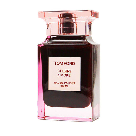 Cherry Smoke by Tom Ford shown without cap, exposing atomizer and rich burgundy glass design