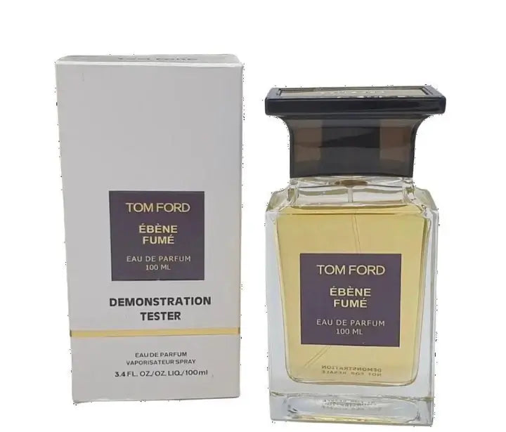 Ébène Fumé by Tom Ford displayed next to branded white box, full-size flacon in front-facing view