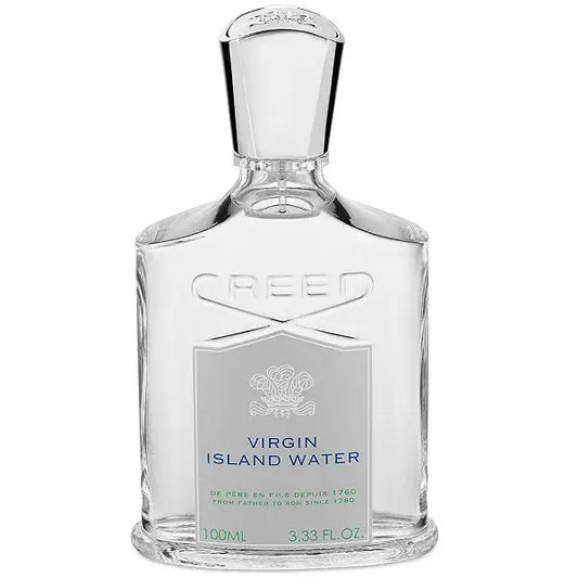 Virgin Island Water by Creed in transparent flacon with embossed logo and oceanic blue text