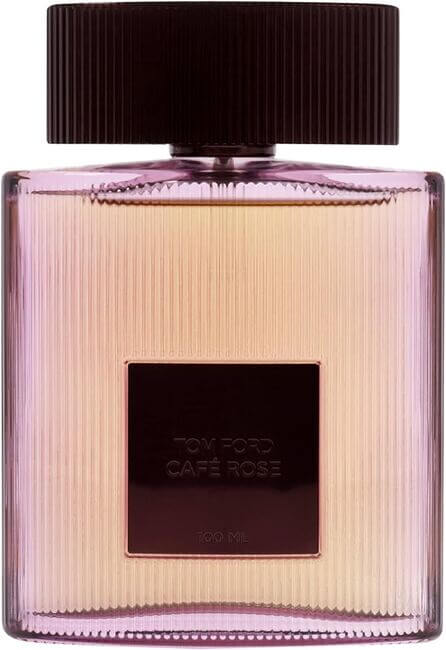 Café Rose by Tom Ford shown without cap, highlighting sprayer and rose-tinted flacon in soft lighting