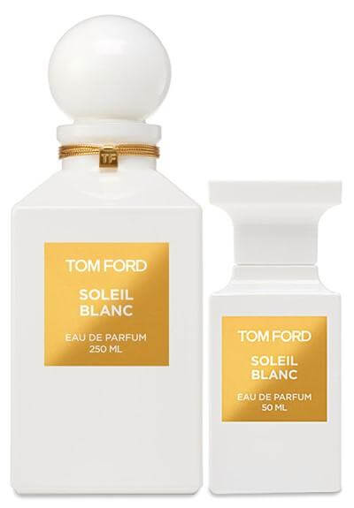 Tom Ford Soleil Blanc Unisex 100ml/3.4oz Eau Tester, featuring a bottle with cap, capturing the tropical and floral notes of the fragrance.