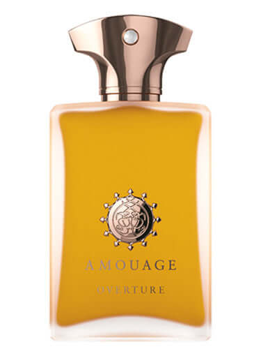 Amouage Overture Man tester bottle with deep amber liquid and bronze crown-shaped cap, classic masculine design