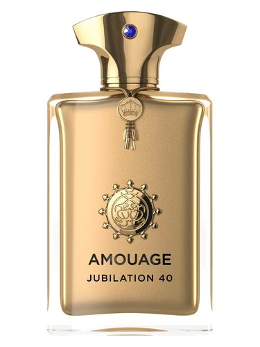 Golden bottle of Amouage Jubilation 40 Man Extrait de Parfum 100ml with blue cap detail and luxury emblem