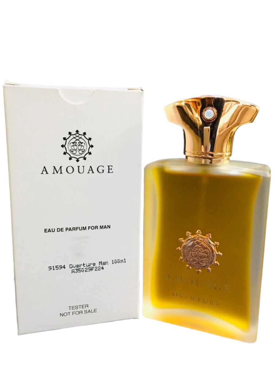 Overture Man by Amouage displayed with white branded card, golden flacon angled for front exposure
