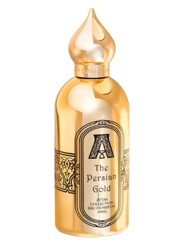 Gold-accented bottle of Attar Collection Persian Gold 100ml with black cap and intricate oriental design