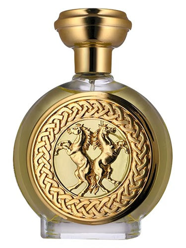 Elegant bottle of Boadicea the Victorious Valiant 100ml with metallic emblem and deep golden hue, representing bold floral-oriental character