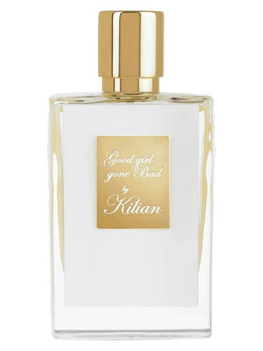 White lacquer By Kilian Good Girl Gone Bad 50ml bottle with gold snake clutch, standing upright on a neutral background