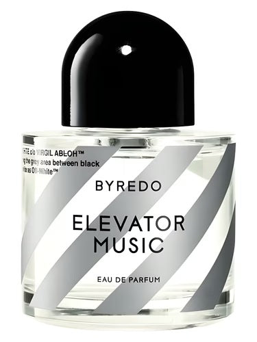 Transparent bottle of Byredo Elevator Music EDP 100ml with silver diagonal stripes and glossy black cap, designed in collaboration with Off-White