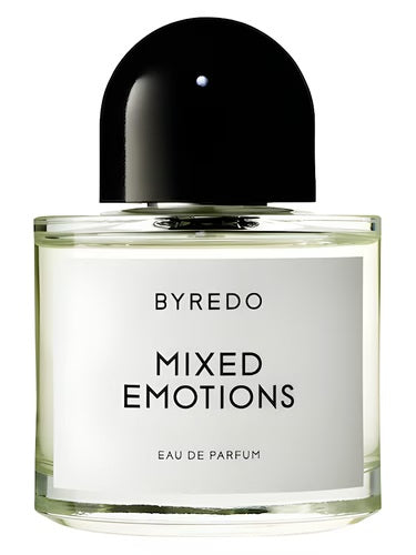 Transparent glass bottle of Byredo Mixed Emotions Eau de Parfum 100ml with bold black cap and minimalist white label