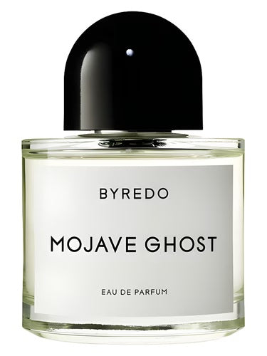 Front view of Byredo Mojave Ghost EDP 50ml bottle with black cap and minimalist white label