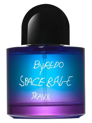 Gradient blue-purple bottle of Byredo Space Rage Travx EDP with bold white graffiti text and black cap