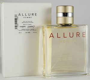 Discounted Chanel Allure Pour Homme 100ml EDT Tester, featuring a sleek bottle with cap and tester box, offering a fresh, spicy fragrance for men. Chanel perfumes