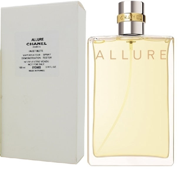 Chanel Allure Women 100ml EDP Tester, featuring a bottle with cap and tester box, showcasing a harmonious blend of floral and fruity notes. Chanel perfumes