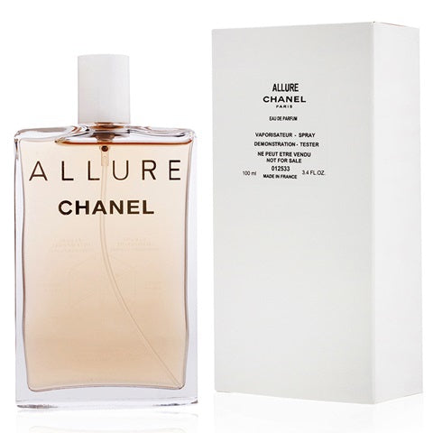 Chanel Allure Women 100ml EDP Tester, featuring the bottle without cap and tester box, a refined fragrance combining floral and fruity notes. Chanel perfumes