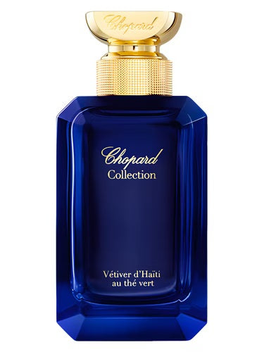 Luxurious Chopard Vétiver d’Haïti au Thé Vert EDP 100ml bottle in deep blue glass with gold cap and engraved branding