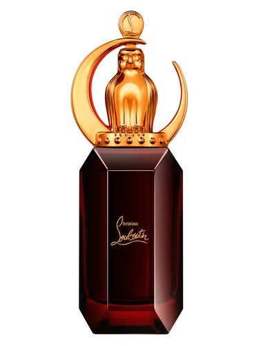 Luxurious Christian Louboutin Loubiluna EDP Intense 90ml bottle with sculpted golden falcon cap and deep red glass design, displayed upright on white background.
