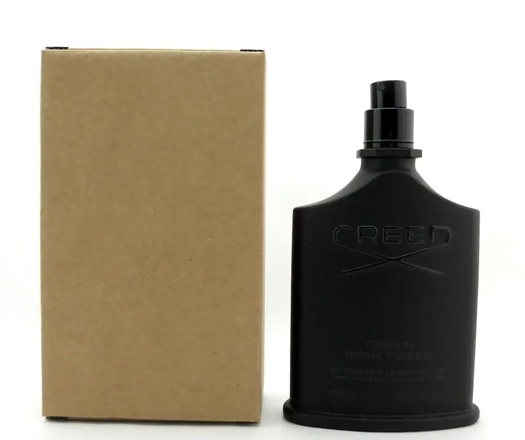 Tester version of Green Irish Tweed Black Edition shown next to plain kraft box with open atomizer