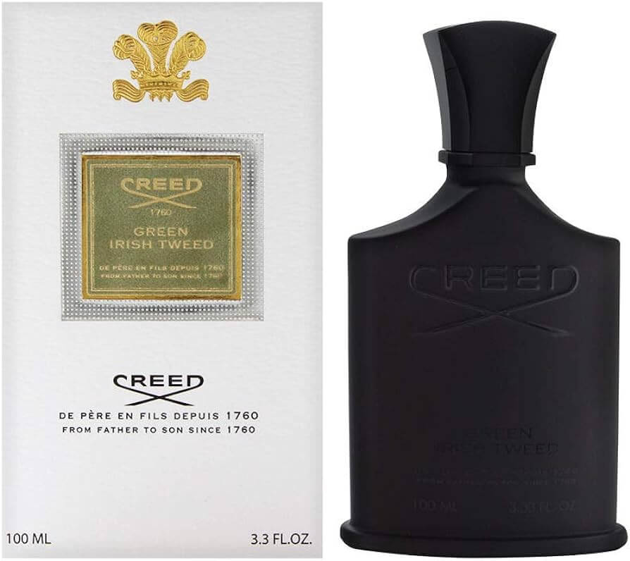 Green Irish Tweed by Creed presented in limited black flacon alongside white retail box with gold crest