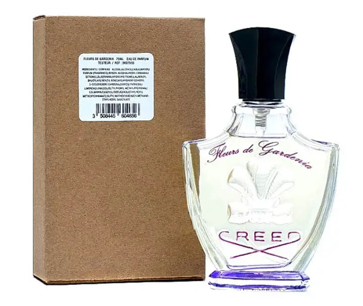 Creed Fleurs De Gardenia tester bottle with black cap next to plain brown packaging and barcode sticker