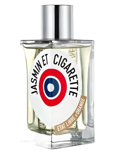 Close-up of État Libre d’Orange Jasmin et Cigarette EDP bottle with metallic cap and bold red-white-blue target logo, emphasizing its cinematic and smoky style