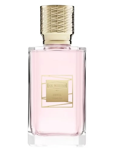 Elegant Ex Nihilo Devil Tender 100ml bottle with pale pink juice and golden cap, showcasing modern niche design and Parisian sophistication