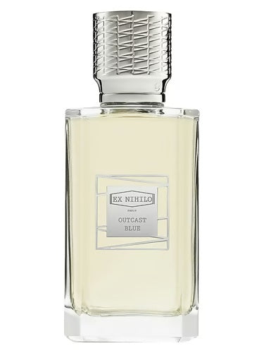 Ex Nihilo Outcast Blue EDP 100ml bottle with sleek silver cap and modern transparent design, captured frontally on white background

